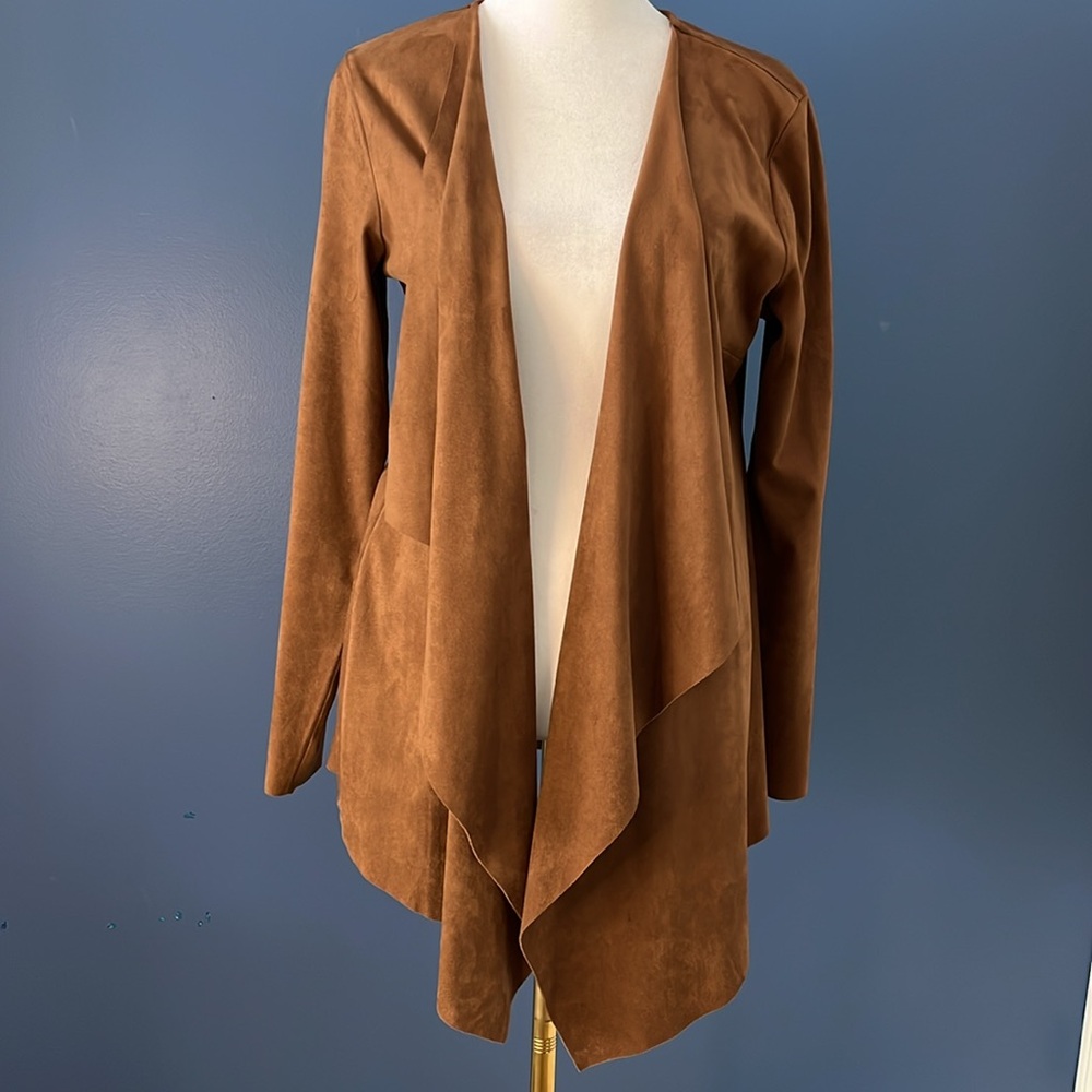 Soft Surrounding faux-suede deep honey colored open front jacket, blazer. Small